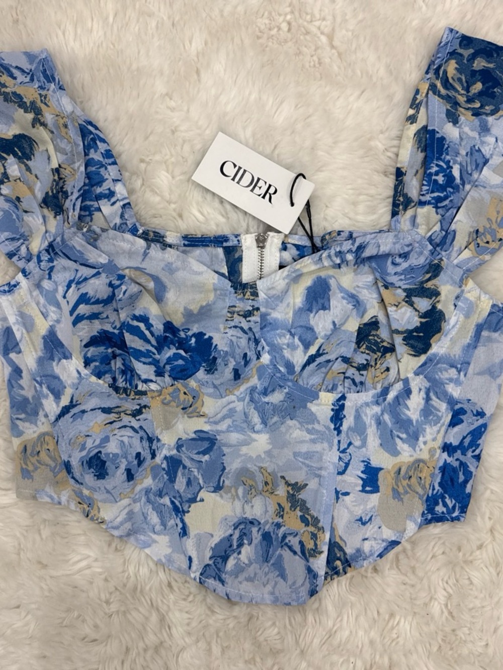 Cider Blue and Cream Floral Square-Neck Crop Top